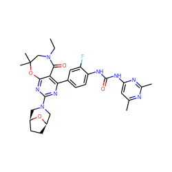 CCN1CC(C)(C)Oc2nc(N3C[C@@H]4CC[C@H](C3)O4)nc(-c3ccc(NC(=O)Nc4cc(C)nc(C)n4)c(F)c3)c2C1=O ZINC000142182465