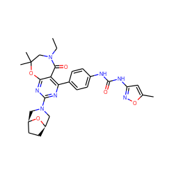 CCN1CC(C)(C)Oc2nc(N3C[C@@H]4CC[C@H](C3)O4)nc(-c3ccc(NC(=O)Nc4cc(C)on4)cc3)c2C1=O ZINC000205298159