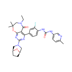 CCN1CC(C)(C)Oc2nc(N3C[C@@H]4CC[C@H](C3)O4)nc(-c3ccc(NC(=O)Nc4ccc(C)nc4)c(F)c3)c2C1=O ZINC000205311279