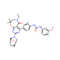 CCN1CC(C)(C)Oc2nc(N3C[C@@H]4CC[C@H](C3)O4)nc(-c3ccc(NC(=O)Nc4ccc(F)c(OC)c4)c(F)c3)c2C1=O ZINC000225303556