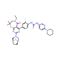 CCN1CC(C)(C)Oc2nc(N3C[C@@H]4CC[C@H](C3)O4)nc(-c3ccc(NC(=O)Nc4ccc(N5CCCCC5)nc4)c(F)c3)c2C1=O ZINC000205321386