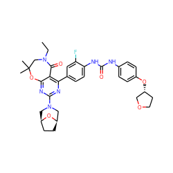 CCN1CC(C)(C)Oc2nc(N3C[C@@H]4CC[C@H](C3)O4)nc(-c3ccc(NC(=O)Nc4ccc(O[C@@H]5CCOC5)cc4)c(F)c3)c2C1=O ZINC000205348948