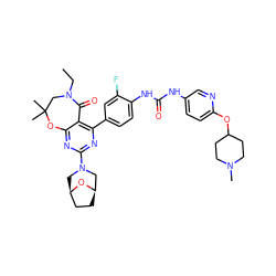 CCN1CC(C)(C)Oc2nc(N3C[C@@H]4CC[C@H](C3)O4)nc(-c3ccc(NC(=O)Nc4ccc(OC5CCN(C)CC5)nc4)c(F)c3)c2C1=O ZINC000205321207