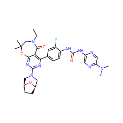 CCN1CC(C)(C)Oc2nc(N3C[C@@H]4CC[C@H](C3)O4)nc(-c3ccc(NC(=O)Nc4cnc(N(C)C)cn4)c(F)c3)c2C1=O ZINC000225314104