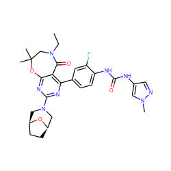 CCN1CC(C)(C)Oc2nc(N3C[C@@H]4CC[C@H](C3)O4)nc(-c3ccc(NC(=O)Nc4cnn(C)c4)c(F)c3)c2C1=O ZINC000225313377