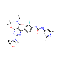 CCN1CC(C)(C)Oc2nc(N3C[C@H]4C[C@@]35C[C@@H]5O4)nc(-c3ccc(NC(=O)Nc4cc(C)nc(C)c4)c(F)c3)c2C1=O ZINC001772654389