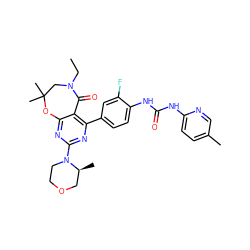 CCN1CC(C)(C)Oc2nc(N3CCOC[C@@H]3C)nc(-c3ccc(NC(=O)Nc4ccc(C)cn4)c(F)c3)c2C1=O ZINC000142200304