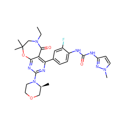 CCN1CC(C)(C)Oc2nc(N3CCOC[C@@H]3C)nc(-c3ccc(NC(=O)Nc4ccn(C)n4)c(F)c3)c2C1=O ZINC000142189147