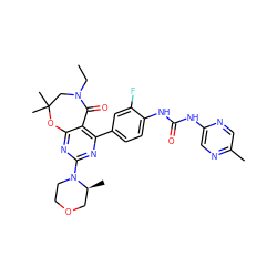 CCN1CC(C)(C)Oc2nc(N3CCOC[C@@H]3C)nc(-c3ccc(NC(=O)Nc4cnc(C)cn4)c(F)c3)c2C1=O ZINC000142189376