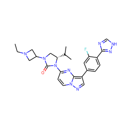 CCN1CC(N2C[C@H](C(C)C)N(c3ccn4ncc(-c5ccc(-c6nc[nH]n6)c(F)c5)c4n3)C2=O)C1 ZINC000116186197