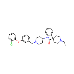 CCN1CCC(C(=O)NC2CCN(Cc3cccc(Oc4ccccc4Cl)c3)CC2)(c2ccccc2)CC1 ZINC000013686236