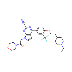 CCN1CCC(CCOc2ncc(-c3nc(C#N)nc4c3ccn4CC(=O)N3CCOCC3)cc2C(F)(F)F)CC1 ZINC001772639811