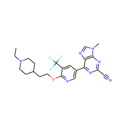 CCN1CCC(CCOc2ncc(-c3nc(C#N)nc4c3ncn4C)cc2C(F)(F)F)CC1 ZINC000205220311