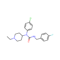 CCN1CCC(N(C(=O)NCc2ccc(F)cc2)c2ccc(Cl)cc2)CC1 ZINC000049072703