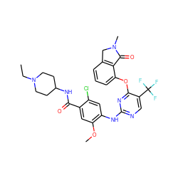 CCN1CCC(NC(=O)c2cc(OC)c(Nc3ncc(C(F)(F)F)c(Oc4cccc5c4C(=O)N(C)C5)n3)cc2Cl)CC1 ZINC000145979407