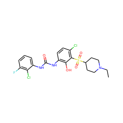 CCN1CCC(S(=O)(=O)c2c(Cl)ccc(NC(=O)Nc3cccc(F)c3Cl)c2O)CC1 ZINC000653863955