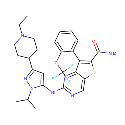 CCN1CCC(c2cc(Nc3ncc4sc(C(N)=O)c(-c5ccccc5OC(F)(F)F)c4n3)n(C(C)C)n2)CC1 ZINC000204967189