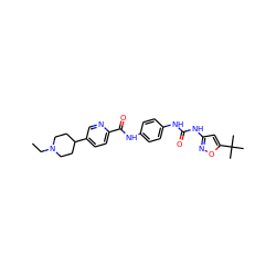 CCN1CCC(c2ccc(C(=O)Nc3ccc(NC(=O)Nc4cc(C(C)(C)C)on4)cc3)nc2)CC1 ZINC000095562760