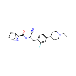 CCN1CCC(c2ccc(C[C@@H](C#N)NC(=O)[C@H]3N[C@@H]4CC[C@H]3C4)c(F)c2)CC1 ZINC000219295987