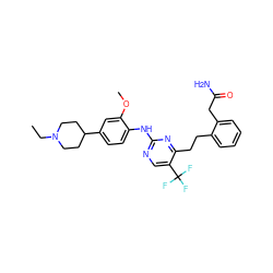 CCN1CCC(c2ccc(Nc3ncc(C(F)(F)F)c(CCc4ccccc4CC(N)=O)n3)c(OC)c2)CC1 ZINC000201538559