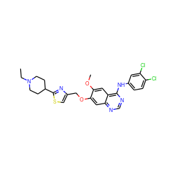 CCN1CCC(c2nc(COc3cc4ncnc(Nc5ccc(Cl)c(Cl)c5)c4cc3OC)cs2)CC1 ZINC000114821330