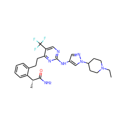 CCN1CCC(n2cc(Nc3ncc(C(F)(F)F)c(CCc4ccccc4[C@@H](C)C(N)=O)n3)cn2)CC1 ZINC000211040560