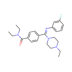 CCN1CCN(/C(=N\c2cccc(F)c2)c2ccc(C(=O)N(CC)CC)cc2)CC1 ZINC000100801746