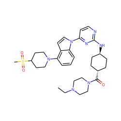 CCN1CCN(C(=O)[C@H]2CC[C@H](Nc3nccc(-n4ccc5c(N6CCC(S(C)(=O)=O)CC6)cccc54)n3)CC2)CC1 ZINC000261079584