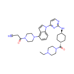 CCN1CCN(C(=O)[C@H]2CC[C@H](Nc3nccc(-n4ccc5c(N6CCN(C(=O)CC#N)CC6)cccc54)n3)CC2)CC1 ZINC000261121951