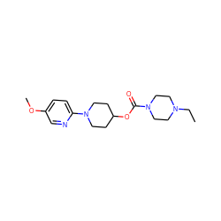 CCN1CCN(C(=O)OC2CCN(c3ccc(OC)cn3)CC2)CC1 ZINC000223545899