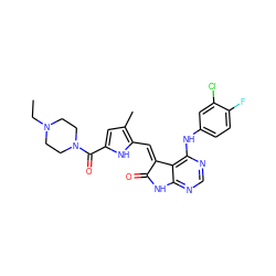 CCN1CCN(C(=O)c2cc(C)c(/C=C3\C(=O)Nc4ncnc(Nc5ccc(F)c(Cl)c5)c43)[nH]2)CC1 ZINC000013445447