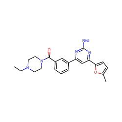 CCN1CCN(C(=O)c2cccc(-c3cc(-c4ccc(C)o4)nc(N)n3)c2)CC1 ZINC000653767984