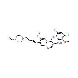 CCN1CCN(CC/C=C/c2cc3ncc(C#N)c(Nc4cc(OC)c(Cl)cc4Cl)c3cc2OC)CC1 ZINC000049780387