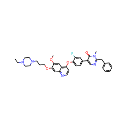 CCN1CCN(CCCOc2cc3nccc(Oc4ccc(-c5cnc(Cc6ccccc6)n(C)c5=O)cc4F)c3cc2OC)CC1 ZINC000044351040