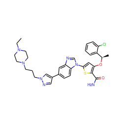 CCN1CCN(CCCn2cc(-c3ccc4c(c3)ncn4-c3cc(O[C@H](C)c4ccccc4Cl)c(C(N)=O)s3)cn2)CC1 ZINC000043152535