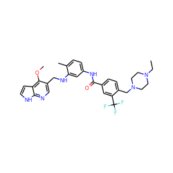 CCN1CCN(Cc2ccc(C(=O)Nc3ccc(C)c(NCc4cnc5[nH]ccc5c4OC)c3)cc2C(F)(F)F)CC1 ZINC000096174843