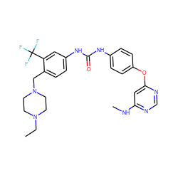 CCN1CCN(Cc2ccc(NC(=O)Nc3ccc(Oc4cc(NC)ncn4)cc3)cc2C(F)(F)F)CC1 ZINC000023247639