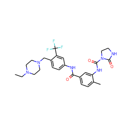 CCN1CCN(Cc2ccc(NC(=O)c3ccc(C)c(NC(=O)N4CCNC4=O)c3)cc2C(F)(F)F)CC1 ZINC000022952939