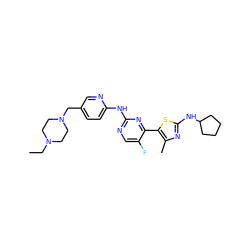 CCN1CCN(Cc2ccc(Nc3ncc(F)c(-c4sc(NC5CCCC5)nc4C)n3)nc2)CC1 ZINC001772576730