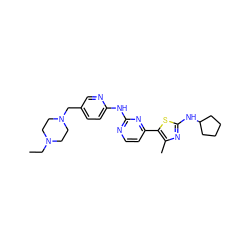 CCN1CCN(Cc2ccc(Nc3nccc(-c4sc(NC5CCCC5)nc4C)n3)nc2)CC1 ZINC001772605660