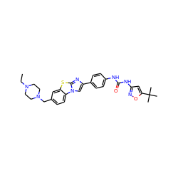 CCN1CCN(Cc2ccc3c(c2)sc2nc(-c4ccc(NC(=O)Nc5cc(C(C)(C)C)on5)cc4)cn23)CC1 ZINC000049722874