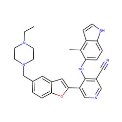 CCN1CCN(Cc2ccc3oc(-c4cncc(C#N)c4Nc4ccc5[nH]ccc5c4C)cc3c2)CC1 ZINC000045259249