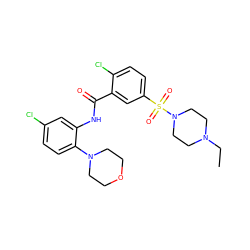 CCN1CCN(S(=O)(=O)c2ccc(Cl)c(C(=O)Nc3cc(Cl)ccc3N3CCOCC3)c2)CC1 ZINC000012536413