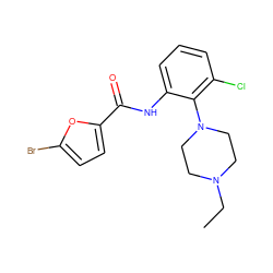 CCN1CCN(c2c(Cl)cccc2NC(=O)c2ccc(Br)o2)CC1 ZINC000000624282