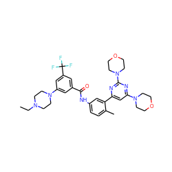 CCN1CCN(c2cc(C(=O)Nc3ccc(C)c(-c4cc(N5CCOCC5)nc(N5CCOCC5)n4)c3)cc(C(F)(F)F)c2)CC1 ZINC000220463199