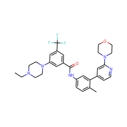 CCN1CCN(c2cc(C(=O)Nc3ccc(C)c(-c4ccnc(N5CCOCC5)c4)c3)cc(C(F)(F)F)c2)CC1 ZINC000225979280