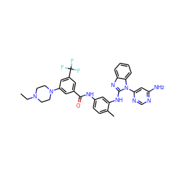 CCN1CCN(c2cc(C(=O)Nc3ccc(C)c(Nc4nc5ccccc5n4-c4cc(N)ncn4)c3)cc(C(F)(F)F)c2)CC1 ZINC000049780501