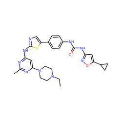 CCN1CCN(c2cc(Nc3ncc(-c4ccc(NC(=O)Nc5cc(C6CC6)on5)cc4)s3)nc(C)n2)CC1 ZINC000222005195