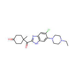 CCN1CCN(c2cc3[nH]c(C(=O)C4(C)CCC(=O)CC4)nc3cc2Cl)CC1 ZINC000040875747