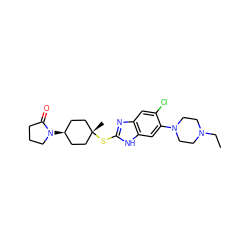 CCN1CCN(c2cc3[nH]c(S[C@]4(C)CC[C@@H](N5CCCC5=O)CC4)nc3cc2Cl)CC1 ZINC000261113653